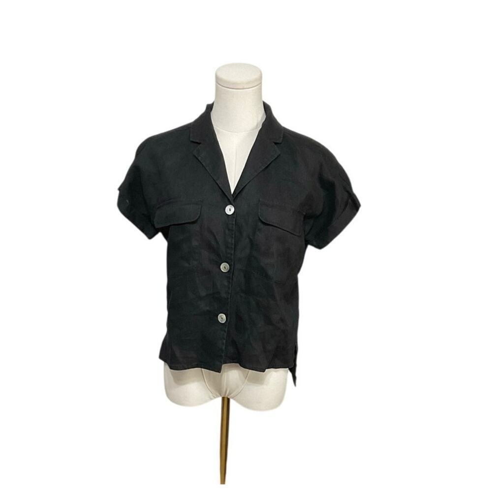 Tahari Linen Button-Up Short Sleeve Shirt Women's Size Small Pockets